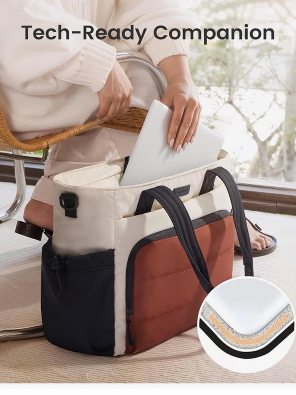 Versatile Olive & Cream Everyday Tote with Removable Pouch - Picture 5 of 7